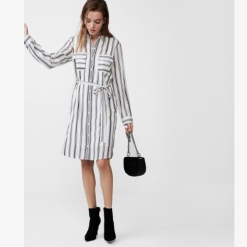Express Striped Shirt Dress with Roll Tab Sleeves